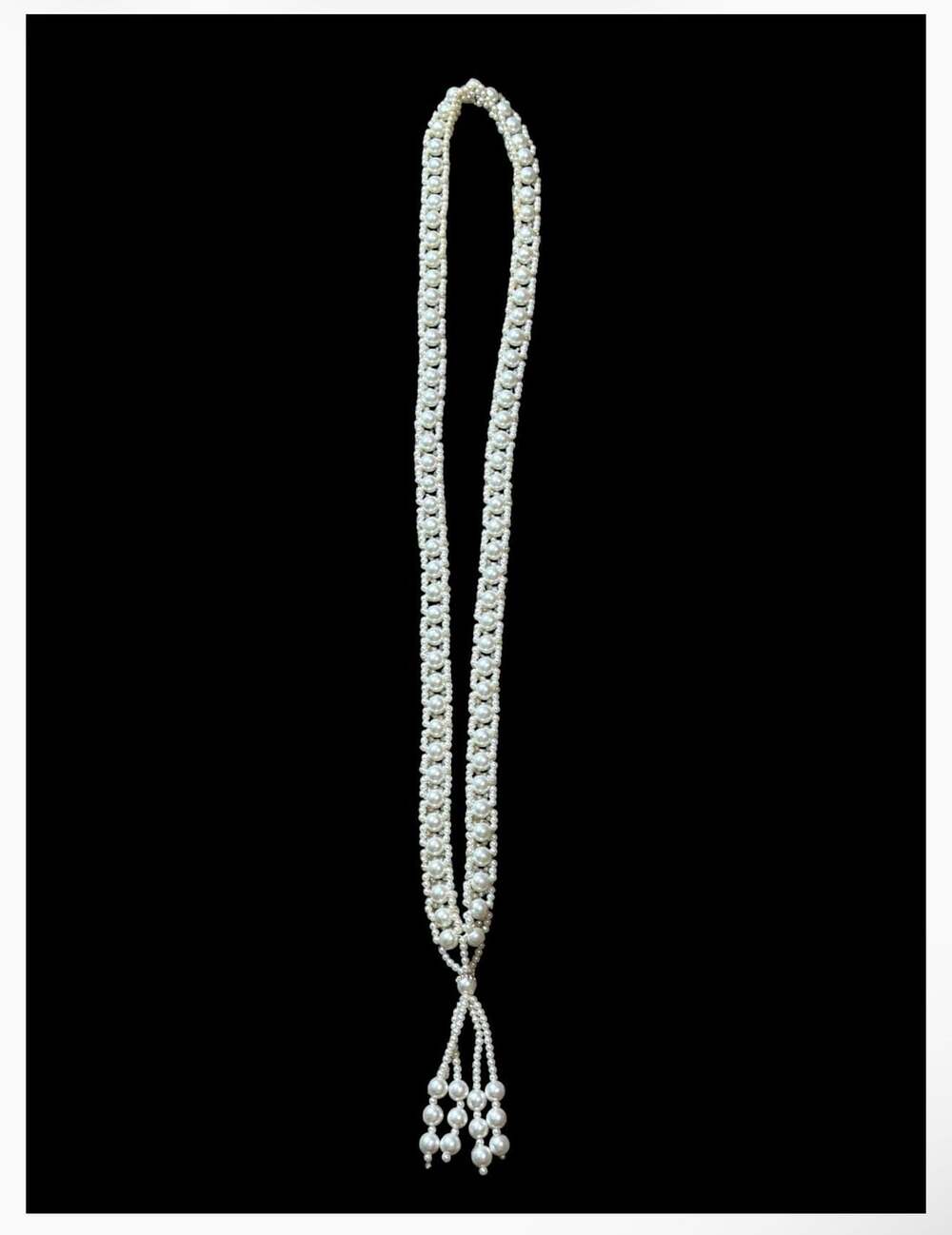 Vintage Faux Pearl Tassel Lariat Necklace White Beaded Flapper Jewelry
